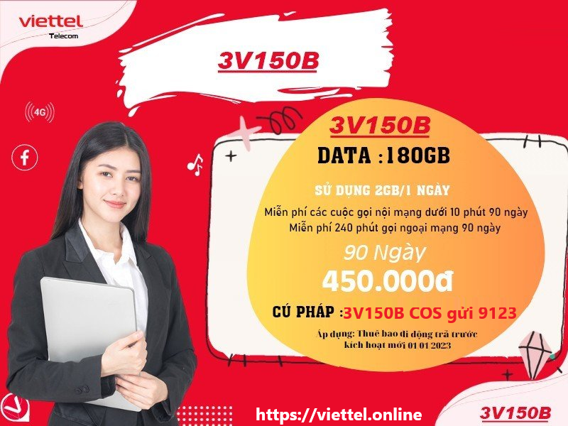 Gói cước 3V150B Viettel có 2Gb/ ngày Miễn phí gọi thoại